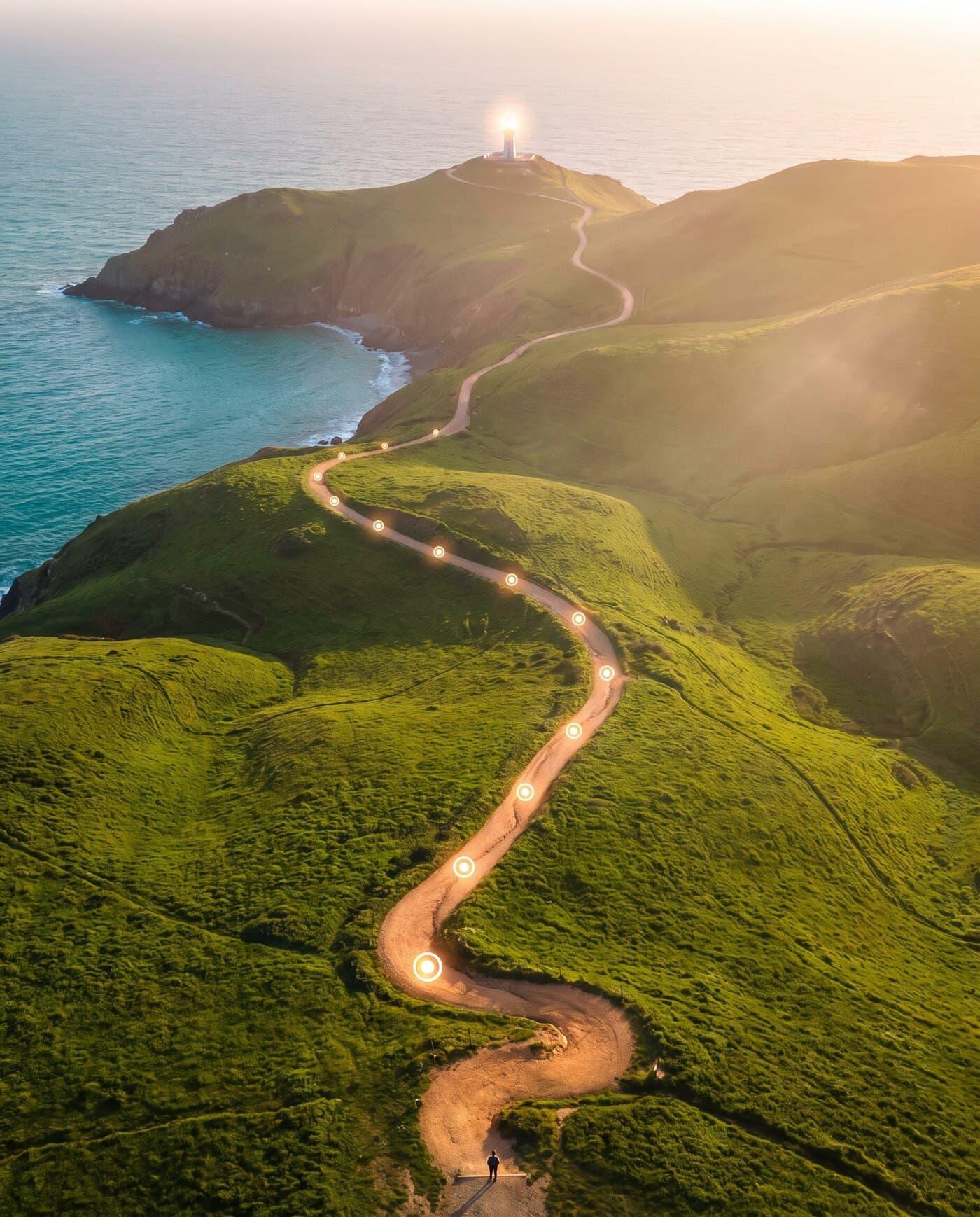 An aerial view of a glowing path winding up green coastal hills, marked with milestones, toward a lighthouse — a journey from confusion to clarity